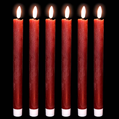Wondise Flameless Flickering Taper Candles with Timer 9 Inch Burgundy Red Battery Operated LED Taper Window Candles for Dinner Holiday Christmas Decoration Set of 6(078 x 96 Inch)