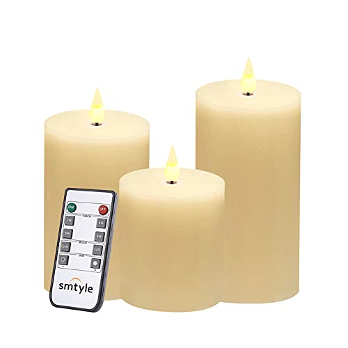 smtyle Christmas Flameless Candles for Fireplace Candelabra or Desk Decor Flickering with Moving Flame Wick Bright Pillar Candle with Remote Control Timer Battery Operated Ivory Flat Top 3