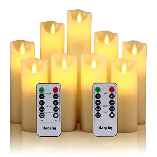 Hanzim Flameless Candles Set of 9 Ivory Dripless Real Wax Pillars Include Realistic Dancing LED Flames and 10Key Remote Control with 24Hour Timer Function 400 Hours by 2 AA Batteries (Ivory)