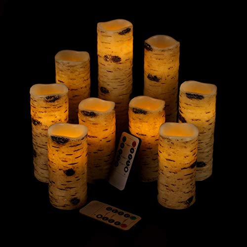 Antizer Flameless Candles Battery Operated Candles Birch Bark Effect 4 5 6 7 8 9 Set of 9 Ivory Real Wax Pillar LED Candles with Real Wax Pillar with 10Key Remote Control 2468 Hours Timer