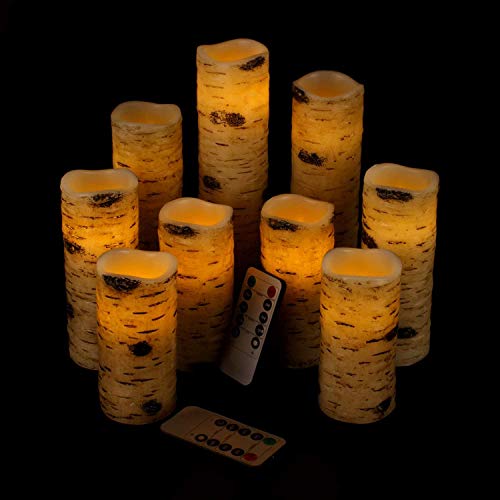 Antizer Flameless Candles Battery Operated Candles Birch Bark Effect 4 5 6 7 8 9 Set of 9 Ivory Real Wax Pillar LED Candles with Real Wax Pillar with 10Key Remote Control 2468 Hours Timer