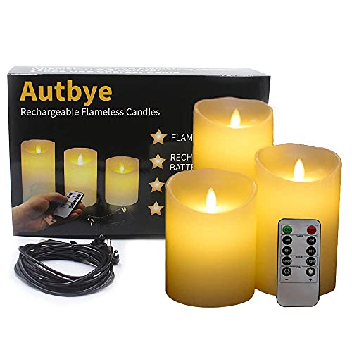 Flameless Candles Electric with Rechargeable Battery Autbye 2021 Advanced Edition Extra Bright Ivory Dripless Real Wax Pillars LED Smart Candle Flickering with 10Key Remote Control (3 Pack)