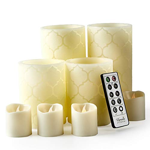 Furora LIGHTING LED Flameless Candles with Remote Control Ivory in Set of 8 Real Wax Battery Operated Pillars and Votives LED Candles with Flickering Flame and Timer Featured