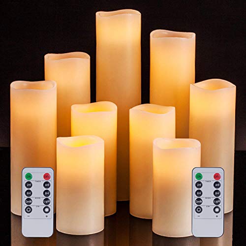 Pandaing Flameless Candles Battery Operated LED Pillar Real Wax Electric Unscented Candles with Remote Control Cycling 24 Hours Timer Ivory Color Set of 9