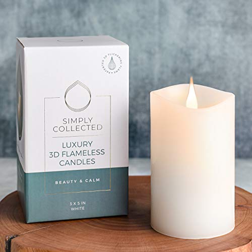 Simply Collected Flickering Flameless Candles Battery Operated with Timer 800 Hours Realistic 3D Moving Flame Battery Candles Electric LED Candle Real Wax Pillar Unscented  White  3x5 Inches