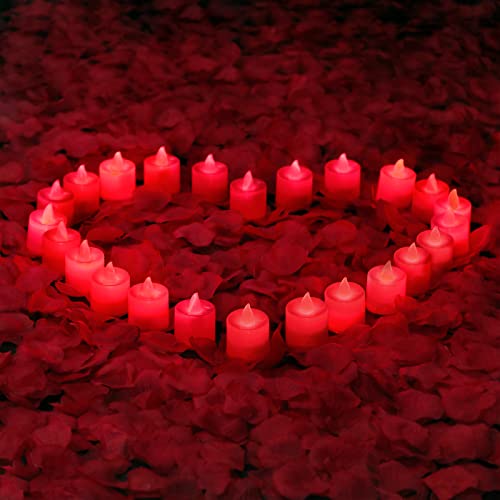 LANKER 24 PCS Bright Flickering Red Flameless LED Tea Lights Candles with 500 PCS Red Artificial Rose Petals for Valentines Day and Romantic Occasions (Red Lights with Red Rose Petals)