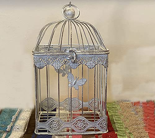 HADAAYA White Wrought Iron 12 Inches Rustic Birdcage Shaped Hanging Planter Lantern Candle Stand Wedding Card boxfor Indoor Outdoor Table Centrepieces Wedding Banquets  Home Decor