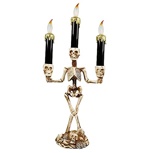 NBJIAJUGO Halloween Skeleton Flameless Candle Holder Triple Halloween LED Candles Holder Stand for Skull Halloween Decoration and Haunted House Decor