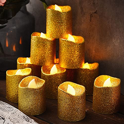 24 Pieces Valentines Day Romantic Flameless Votive Candles Glitter LED Tea Light Candles Battery Operated Candle Fake Candle for Party Decoration Wedding Centerpiece Table Decorations (Gold)