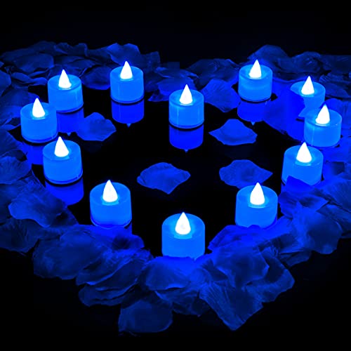 600 Pieces Valentines Day Artificial Rose Petals with 12 Pieces LED Tea Lights Candle Romantic Flickering Candle for Romantic Night Valentines Day Anniversary Wedding Honeymoon (Blue Light)