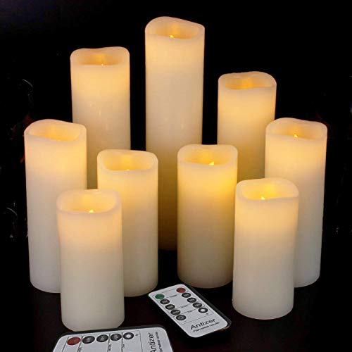 Antizer Flameless Candles Led Candles Pack of 9 (H 4 5 6 7 8 9 x D 22) Ivory Real Wax Battery Candles with Remote Timer