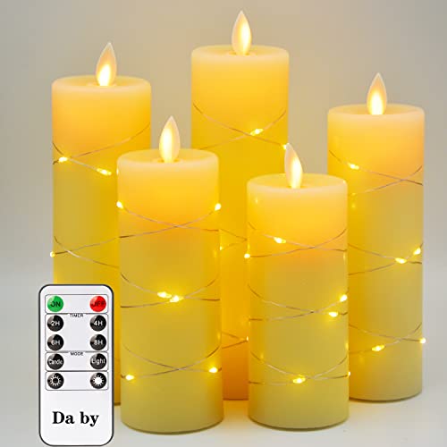 Da by Flameless Candles with Embedded String Lights 5Piece LED Candles with 10Key Remote Control 24Hour Timer Function Dancing Flame Real Wax BatteryPowered(Batteries not Included)