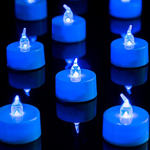 LANKER 24 Pack LED Tea Lights Candles  Flickering Flameless Tealight Candle  Long Lasting Battery Operated Fake Candles  Decoration for Wedding Halloween and Christmas (Blue  24pcs)