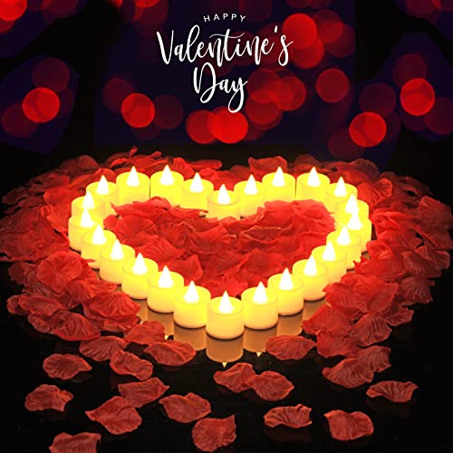 LED Flameless Candles 24 Pack Tea Lights with 1000 Pcs Artificial Rose Petals Battery Operated for Valentines Day Romantic Night Wedding Table Party Christmas Decoration