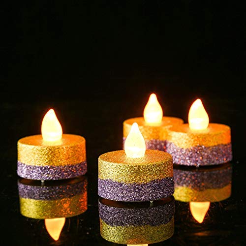LOGUIDE Battery Operated Flameless LED Tea LightsGold  Purple Glitter Flickering Electric Fake Candles for Wedding Festival Christmas DecorationsPack of 12