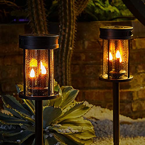 Outdoor Garden Solar Stake Lights Flickering Candle Lantern Lighting for Yard Lawn Patio Pathway Wall Decoration (2Pack Black)