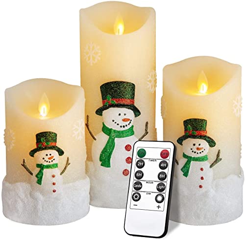 Snowman LED Flameless Candles Battery Operated Pillar Candle Moving Effect Flickering Candles with Remote Timer for Christmas Decoration5 6 8 Pack of 3