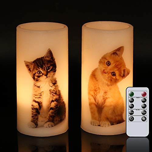 Wondise Flameless Flickering Candles with Remote and Timer Battery Operated Real Wax Pillar Candles with Lovely Cat Decal for Christmas Home Decoration Gifts(3 x 3 x 6 Inch)
