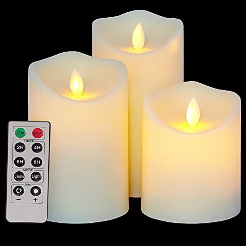 Enido Flickering Flameless Candles Outdoor Waterproof Battery Operated Candles Led Candles Plastic Candle Set of 3 Include Realistic Dancing LED Flames with Remote Control （D325x H456）