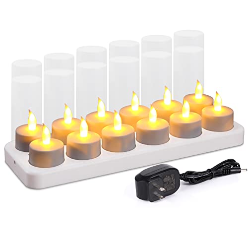 Esup Rechargeable Candles Flameless Flickering Candles Tealights 12pcsSet with White Base Decoration Parties Weddings Bar Family Dinner Outdoor Picnic (No Remote Control)