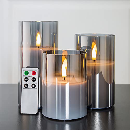 Eywamage Glass Flameless Candles with Remote Battery Operated Flickering LED Pillar Candles Real Wax Wick 3 Pack D 3 H 4 5 6 Grey
