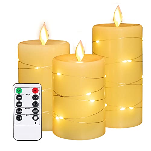 Flameless Battery Operated Flickering Candles with Embedded String Lights 3 Pack LED Electric Candles with 10Key Remote Control Dancing Flame Real Wax(Batteries not Included)