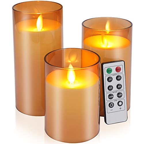Flickering Flameless Candles Battery Operated Candles Imitation glass Candles with Remote Acrylic Cycling Timer 24 Hours Pack of 3（D3x H456）LED Candles Large Pillar Candles(Dark Brown)
