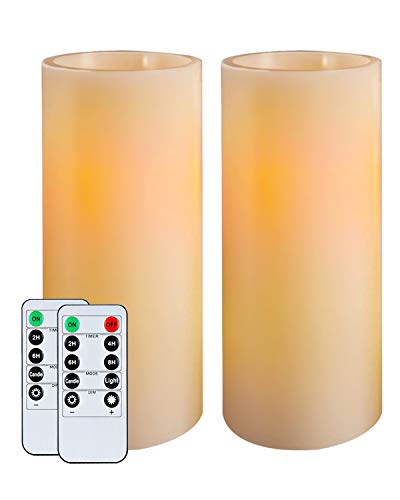 Homemory 9 Flameless Candles Battery Operated Flickering Amber Yellow Light LED Pillar Candles with Timers and 2 Remote Controls Unscented Wax for Gift and Decoration Indoor Only Set of 2