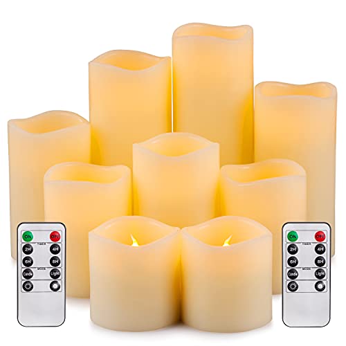 RY King Large Flameless Candle Set of 9 (D 3 x H 3 4 5 6 7 8) Battery Operated LED Pillar Real Wax Candles with Remote Control Timer