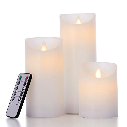 glowiu Flameless Flickering LED Candles Moving Flame Battery Candles Set of 3(H 468 x D3) Real Wax Pillar with 10Key Remote MultiFunction (White)