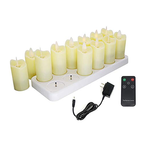 12pcs Flickering Flameless Candles with Moving Wick Rechargeable Tea Light Candles with Chargeable Base Battery Operated LED Candles Pillar Electric Lights for Garden Home Party Wedding Festival