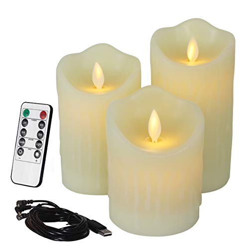 CVHOMEDECO Flameless Candles Electronic Rechargeable Battery Extra Bright Ivory Dripping Real Wax Pillars LED Flickering Pillar Candle with 10Key Remote Control 3 PCS in Set