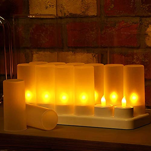 Flameless Candles 12 Pieces Rechargeable Tea Candles LED Flickering Tea Lights 12 Frosted Cups with Charging Base for Valentines Day Christmas Wedding Outdoor Party Decor