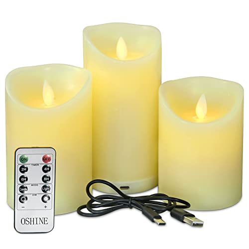 OSHINE Rechargeable LED Flameless Votive Candles Battery Operated Pillar Lights with Flickering Moving Wicks  Electric Fake Candle with Remote  Timer White Real Wax Candles for Home Decor 3 Pack
