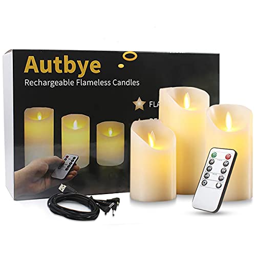 Rechargeable Flameless CandlesAutbye LED Flickering Candles Tealights Pillar Candles Sets with Adjustable Brightness and Timing Remote 4in 5in 6in Pack of 3