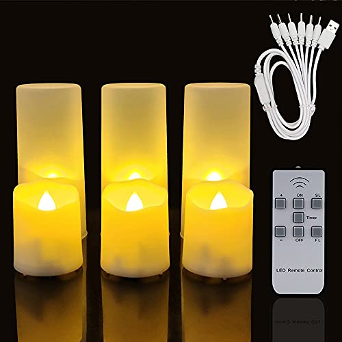 Rechargeable LED Electric Candle Light Flameless Flashing Home Dinner Decoration Christmas Wedding Birthday Party Celebration Halloween Tea Lights with Timer  Remote Pack of 6
