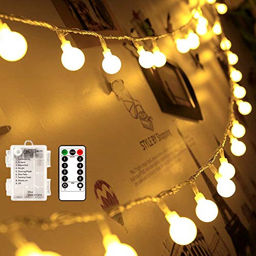 Remote  Timer 165 Feet 50 LED Outdoor Globe String Lights 8 Modes Battery Operated Frosted White Ball Fairy Light(dimmable Ip65 Waterproof Warm White)