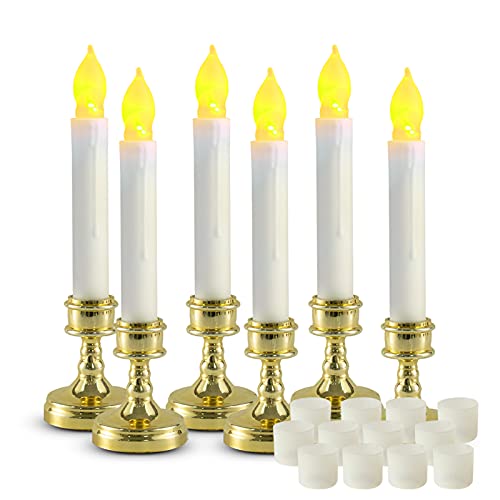 Amagic 6Pcs Battery Operated Candles with Timer Led Window Candles with Stands Electric candlesticks with Yellow Flickering Light for Church Party Home Fireplace