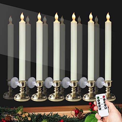 DRomance Flameless Window Candles with Remote and Timer Battery Operated LED Taper Candles with Suction Cups Set of 6 Christmas Window Candles(Gold Holders)