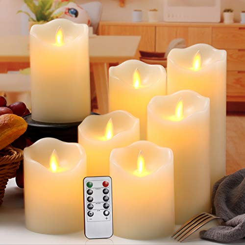 Flameless Candles Flickering Battery Operated LED Candles Set of 7 (D3 X H4 4 5 5 6 7 8) Ivory Real Wax Pillar with Moving Flame  10Key Remote Control and Cycling 24 Hours Timer