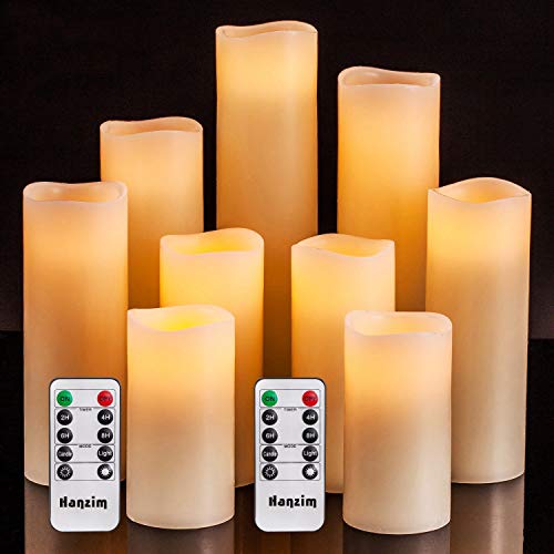 Hanzim Flameless Flickering Battery Operated Candles 4 Inch 5 Inch 6 Inch 7 Inch 8 Inch 9 Inch Set of 9 Ivory Real Wax Pillar LED Candles with 10Key Remote and Cycling 24 Hours Timer (Ivory 9 Pack)