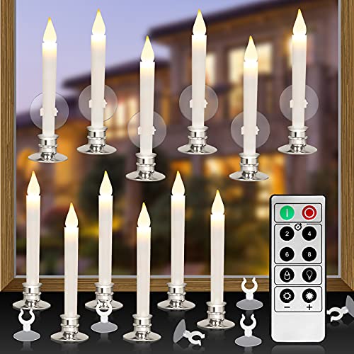 KITHOUSE Christmas Window Candles Lights with Timer Battery Operated Electric LED Taper Candles FlamelessSliver Candlestick Suction Cups 20 PCS Battery Included  Gift Box (12 Set)