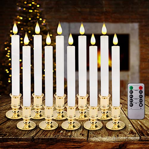 LED Flameless Taper Candles with Remote Timer Battery Operated Flickering Window Candle Lights with Removable Gold Candle Holders Best Gift for Xmas Wedding Home Dinner Decor Set of 10