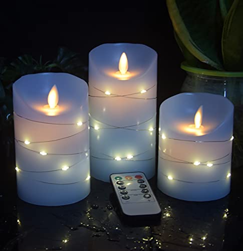 DANIP Sky Blue flameless Candle with Embedded Starlight String 3 LED Candles 10Key Remote Control 24Hour Timer Function Dancing Flame Real Wax Battery Powered
