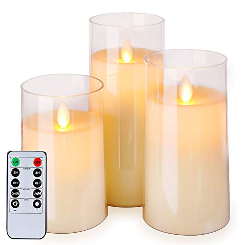 Homemory Flickering Flameless Candles Battery Operated Acrylic LED Pillar Candles with Remote Control and Timer Ivory White Set of 3