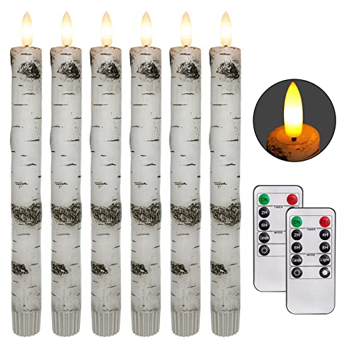 5plots Birch Look flameless Taper Candles with 2 Remotes and Timer Battery Operated Taper Candles LED Window Candles with Birch Bark Look and 3D Wick Home Wedding Christmas DecorPack of 6