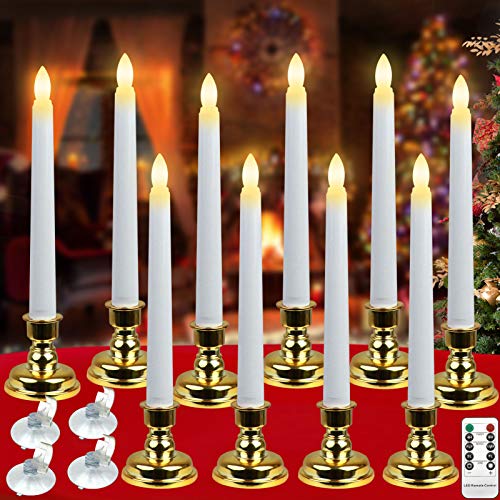 Christmas Window Candles West Bay Set of 10 Flameless Battery Operated LED Ivory Taper Christmas Window Candles with Daily Timer Removable Gold Candle Stands 4 Suction Cups Flickering Candles Gold