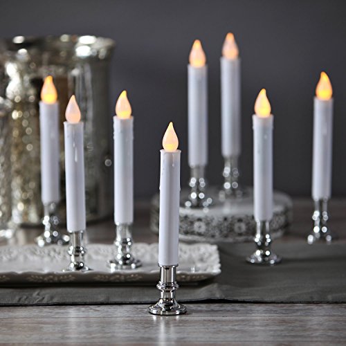 Christmas Window Candles with Silver Holders  Battery Operated White Flameless Taper Removable Base Flickering LED Light Auto Timer Remote Control  Batteries Included  Set of 8