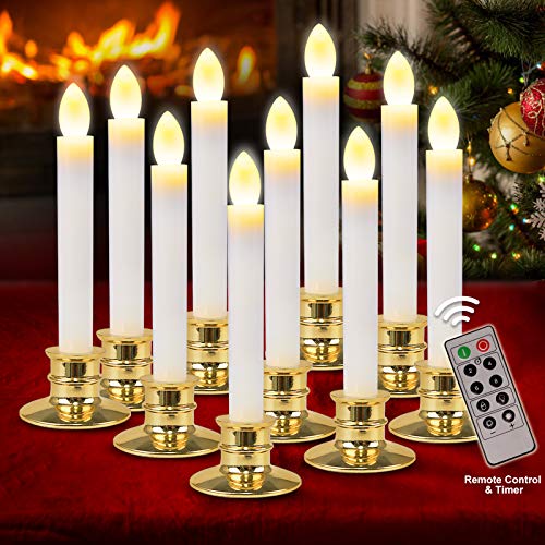 FLY2SKY Christmas Window Candle Lights 10 Pcs Flameless Candles Christmas Decorations LED Candles Battery Operated with Remote Control Timer Gold Candle Holders for Window Decor Party Table top