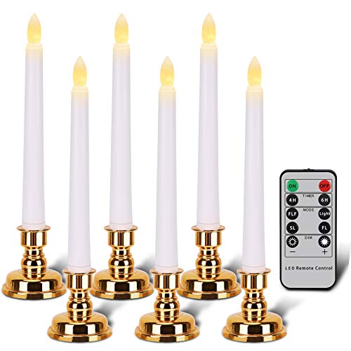 FREEPOWER Flameless Window Candles with Gold Candle Base Battery Operated Taper Candle with 4H6H Daily TimerRemote Window Candle with Unique Flame for Christmas Home Party Wedding DecorPack of 6